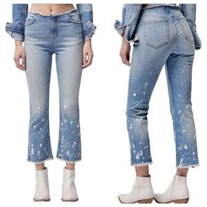Free People Raw Waistband Bleach Splatter Cropped Bootcut Jeans Size 28 Boho Y2K